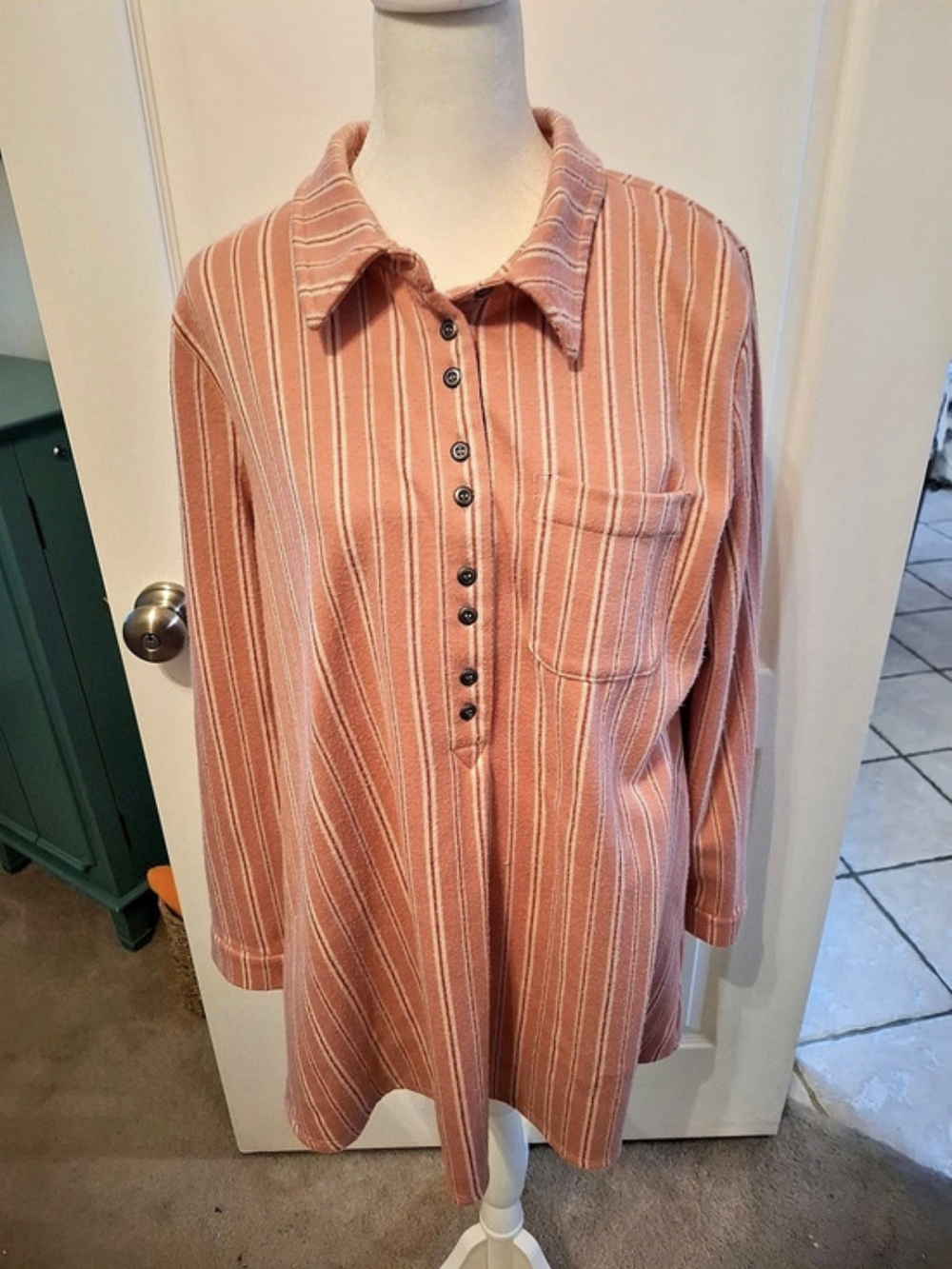 Soft Surroundings Striped Button Down Top in Pink & White Size XL